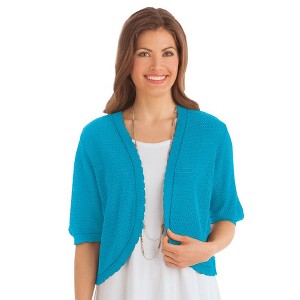 Collections Etc Open-Front Stitched Short Sleeve Shrug, Lightweight Layer Piece with Scalloped Trim - 1 of 3