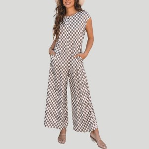 Amaryllis Women’s Checkerboard Print Wide Leg Jumpsuit Short Sleeve Button Front Casual One-Piece Relaxed Fit - 1 of 4