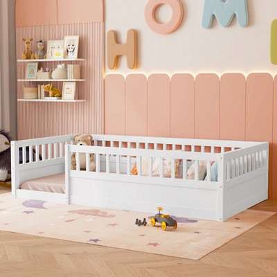 Grungis Twin Size Floor Bed for Kids,Modern Wood Toddler Bed with Fence,Montessori Bed for Bedroom
