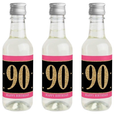 Big Dot of Happiness Chic 90th Birthday - Pink, Black and Gold - Mini Wine and Champagne Bottle Label Stickers - Birthday Party Favor Gift - Set of 16