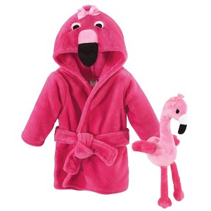 Hudson Baby Infant Girl Plush Bathrobe and Toy Set, Flamingo, One Size - 1 of 4