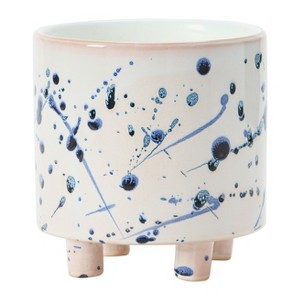 Storied Home Stoneware Footed Planter with Splatter Design, White and Blue - 1 of 4