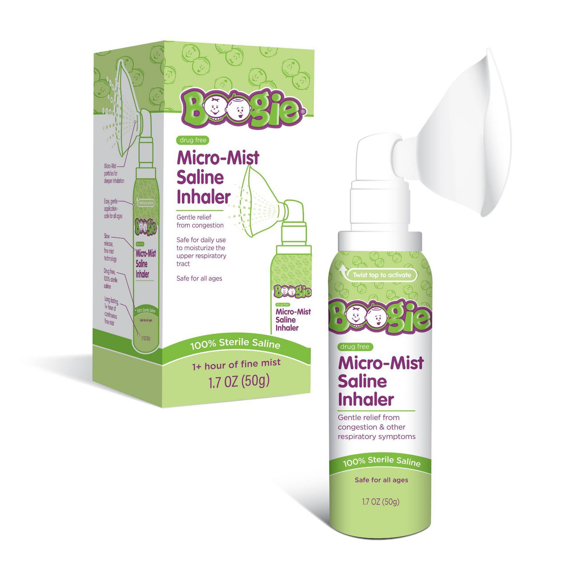 The Boogie Brand Micro-Mist Saline Inhaler - 1.7oz: Cold, Cough or Flu Treatment, Hypoallergenic, Alcohol-Free