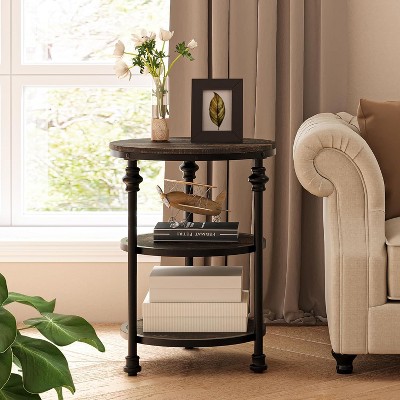 Round Side Table, Small End Table with 3 Shelves for Living Room, Bedroom, Night Stand Accent Coffee Table with Steel Frame for Small Spaces