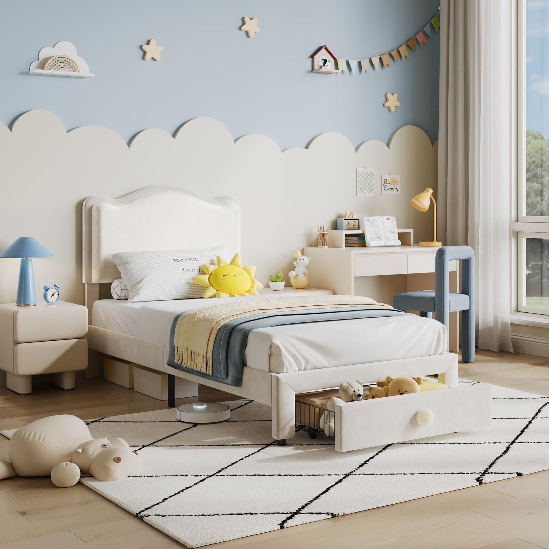 Upholstered Twin Bed Frame with Storage Drawer & Scallop Headboard, Princess Twin Size Platform Bed Frames for Kids Girls
