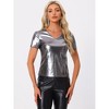 INSPIRE CHIC Women's V Neck Short Sleeve Party Clubwear Shiny Metallic Blouses - 4 of 4