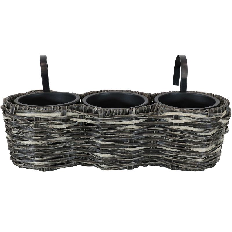 Sunnydaze Indoor/Outdoor Polyrattan Over-the-Rail Tri-Planter with 3 Round Black Plastic Liners, 5 of 10