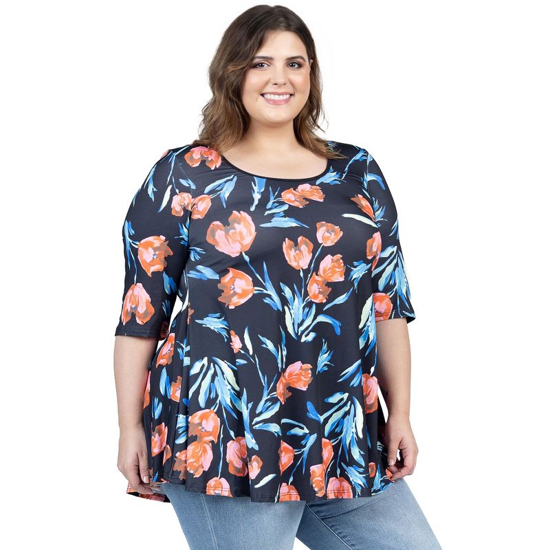 24seven Comfort Apparel Womens Plus Size Black Tulip Print Elbow Sleeve Casual Tunic Top, 2 of 7