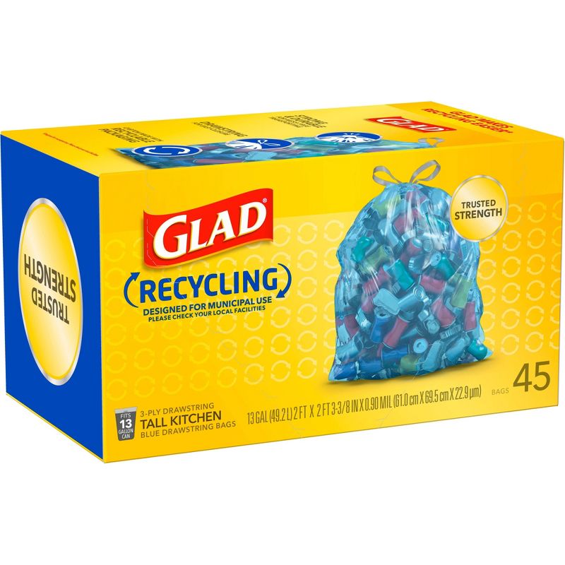 Glad Recycling Trash Bags + Tall Kitchen Drawstring Blue Trash Bags - 13 Gallon - 45ct, 5 of 10