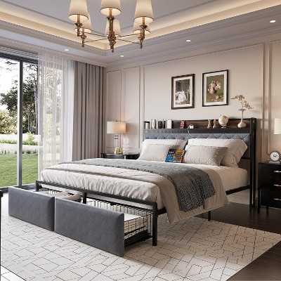 Bed Frame with Storage Drawers Storage Headboard Upholstered Platform Bed with USB Ports and Outlets Noise Free No Box Spring Needed