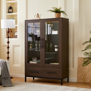 60'' Tall Glass Display Cabinet with LED Lighting,2 Drawers & Adjustable Shelves,Modern Curio Pantry for Living Room Kitchen-Baofuwish - 1 of 4