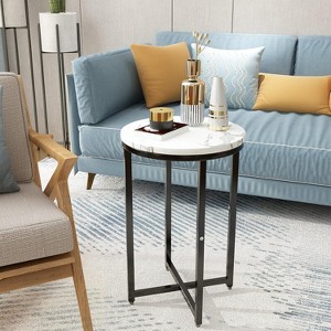 Hooseng Faux Marble Round Side Table Set of 2, 16 Inch Living Room End Table Accent Table Nightstand with Metal Frame for Bedroom, Small Spaces - 1 of 4