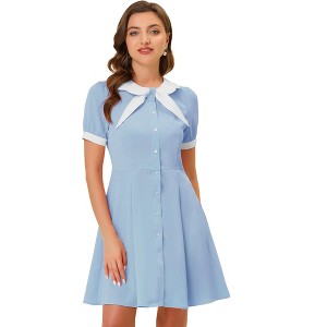 Allegra K Women's Fit and Flare Contrast Color Bowtie Neck Dress - 1 of 4