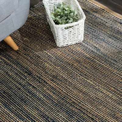 Handwoven Blue and Natural Jute Striped Square Rug