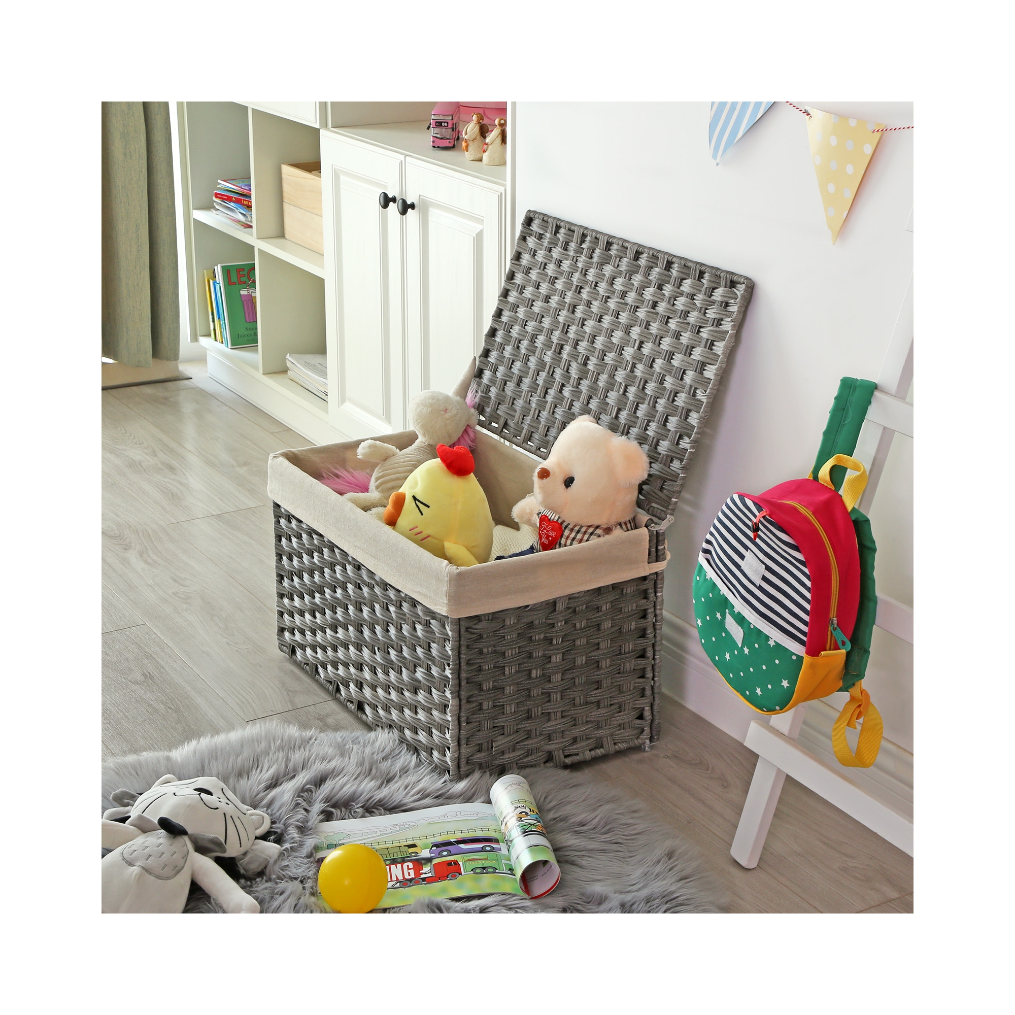 SONGMICS Storage Basket with Lid, 17.2 Gallon (65L) Storage Bin, Woven Blanket Storage Basket with Handles, Removable Liner, Laundry Room, Gray