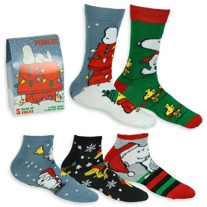 Peanuts Snoopy and Woodstock Adult 5 Pair Socks 2 Crew 3 Low Cut in Gift Box Multicolored - 1 of 4