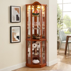 Lighted Glass Display Cabinet Corner Curio Cabinet with Adjustable Shelves Carved Cherry Decoration Wine Cabinet Perfect for Home Office - 1 of 4
