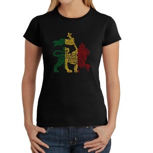 LA Pop Art Women's Word Art T-Shirt - Rasta Lion - One Love - 1 of 4