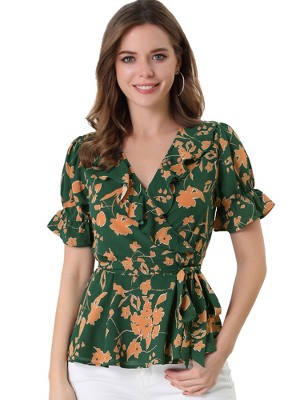 INSPIRE CHIC Women's Floral V Neck Tie Waist Short Sleeve Belted Ruffle Wrap Shirt