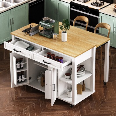 Rolling Kitchen Island With Extendable Table And Power Outlet,Kitchen Island Cart With Internal Storage Rack,2 Drawers And 2 Cabinet -Maison Boucle