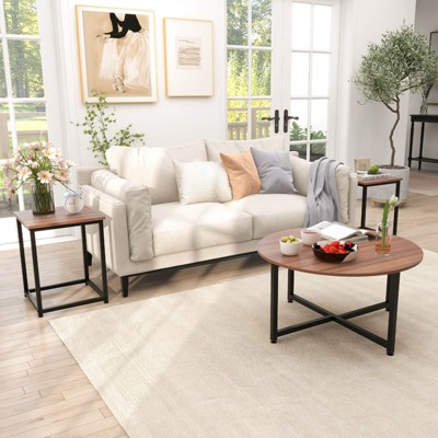 Walnut and Black 3-Piece Coffee Table Set with Metal Frame