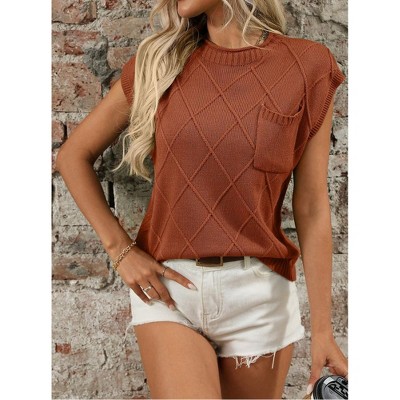 Womens Tops Diamond Pattern Short Sleeve Knit Sweater with Pocket Detail Crew Neck Top