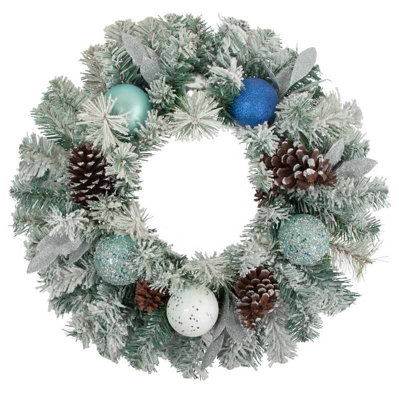 Northlight 24" Unlit Teal/Silver Ornaments Artificial Flocked Pine Christmas Wreath, 1 of 4