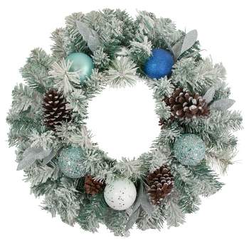 Northlight 24" Unlit Teal/Silver Ornaments Artificial Flocked Pine Christmas Wreath