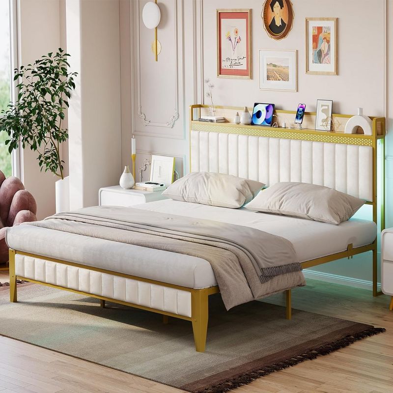 Whizmax Bed Frame with Charging Station, LED Bed Frame with Storage Headboard, Upholstered Platform Bed Frame, No Box Spring Needed, Gold, 3 of 10