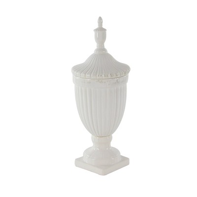 26" White Ceramic Tall Fluted Urn Vase with Lid