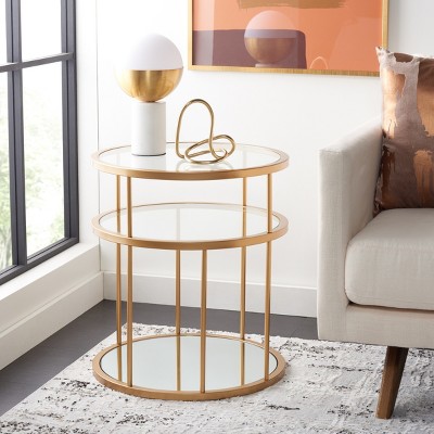 Gold and Clear Round Metal Glass Accent Table with Shelves
