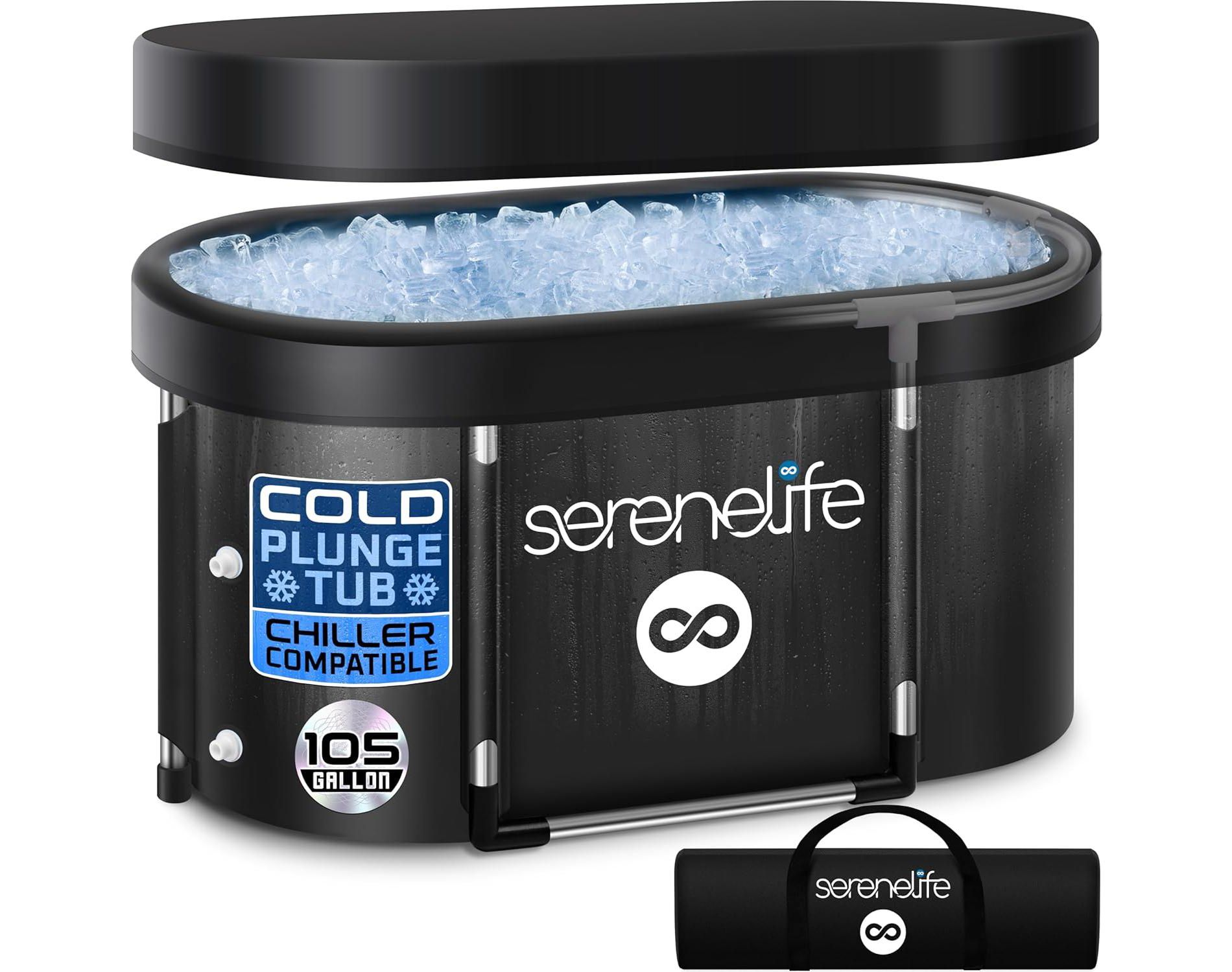 SereneLife 105 Gal. Inflatable Insulated Freestanding Cold Plunge Tub - Ice Bath with Cover, Cold Plunge Therapy Recovery Pod for Athletes (Black)