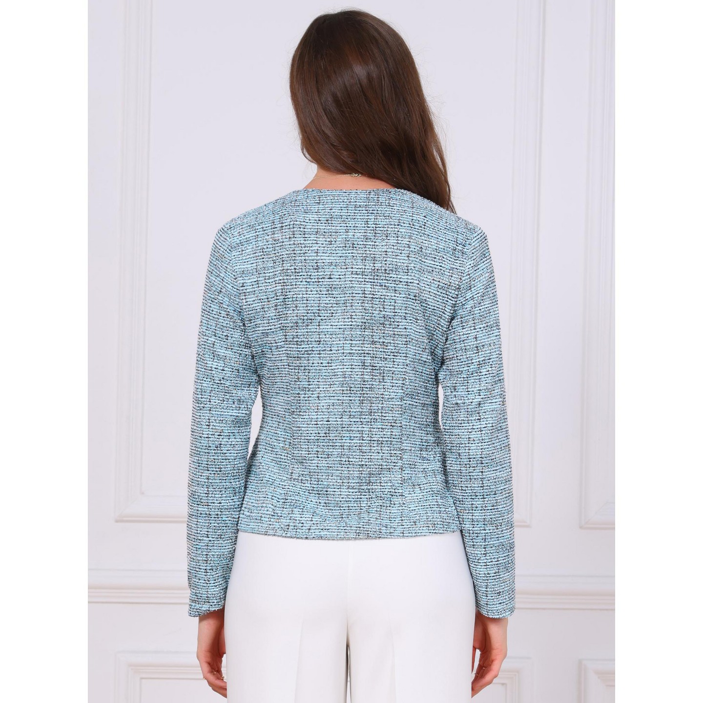 Женская куртка INSPIRE CHIC Tweed Collarless Long Sleeve Open Front Vintage At Hip Business Casual Blazer Jacket Medium Blue, цвет: Синий — фото 3