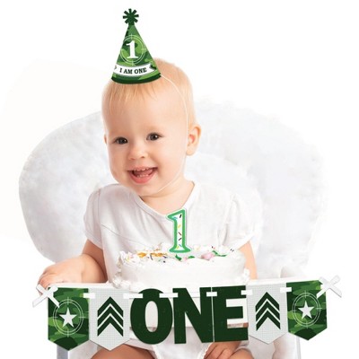 Big Dot of Happiness Camo Hero 1st Birthday - First Birthday Boy or Girl Smash Cake Decorating Kit - High Chair Decorations