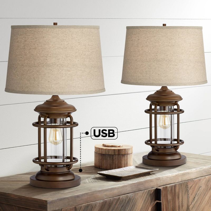 Franklin Iron Works Andreas 26" High Lantern Industrial Farmhouse Rustic Table Lamps Set of 2 USB Port Night Light Brown Metal Living Room Charging, 2 of 10