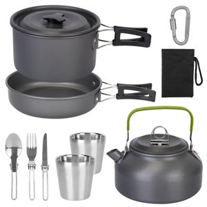 12Pcs Camping Cookware Set Camping Stove Aluminum Pot Pans Kit for Hiking Picnic Outdoor with Cup Fork Spoon Knife - 1 of 4