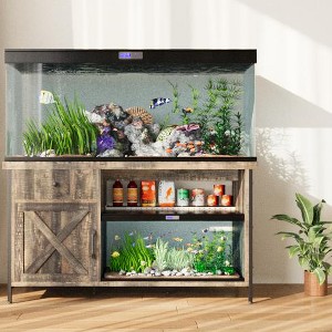 Modern TV Stand with LED Lights & Power Outlet, Entertainment Center for 55/65 Inchs TVs, Multi Storage Cabinet for Fish Tank Storage,Brown - 1 of 4