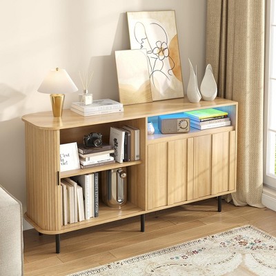 Fluted Storage Cabinet with Sliding Door & LED Light, Buffet Sideboard, Wooden Credenza, Natural