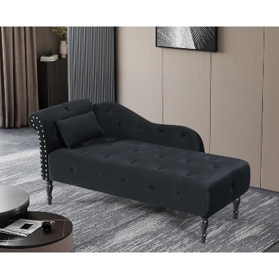 Beautyolove 60.6" Velvet Chaise Lounge Buttons Tufted Nailhead Trimmed Solid Wood Legs with 1 Pillow,Black