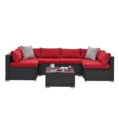 GlasFlength Patio Seating Sets 7 PCS Patio Furniture Set Rattan Sectional Conversation Sofa Coffee Table, Red, 104.75"*52.25"*25.25"
