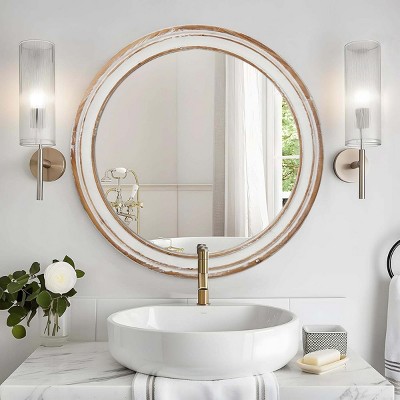 23.62" Round Wall Mirror with Whitewash Wood Frame, Farmhouse Circle Mirror for Bathroom Vanity, Bedroom, Living Room, Entryway- The Pop Home