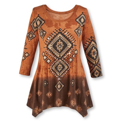 Collections Etc Diamond Aztec Sharkbite Tunic Top Southwestern Style, Three Quarter Sleeves, Brown Ombre