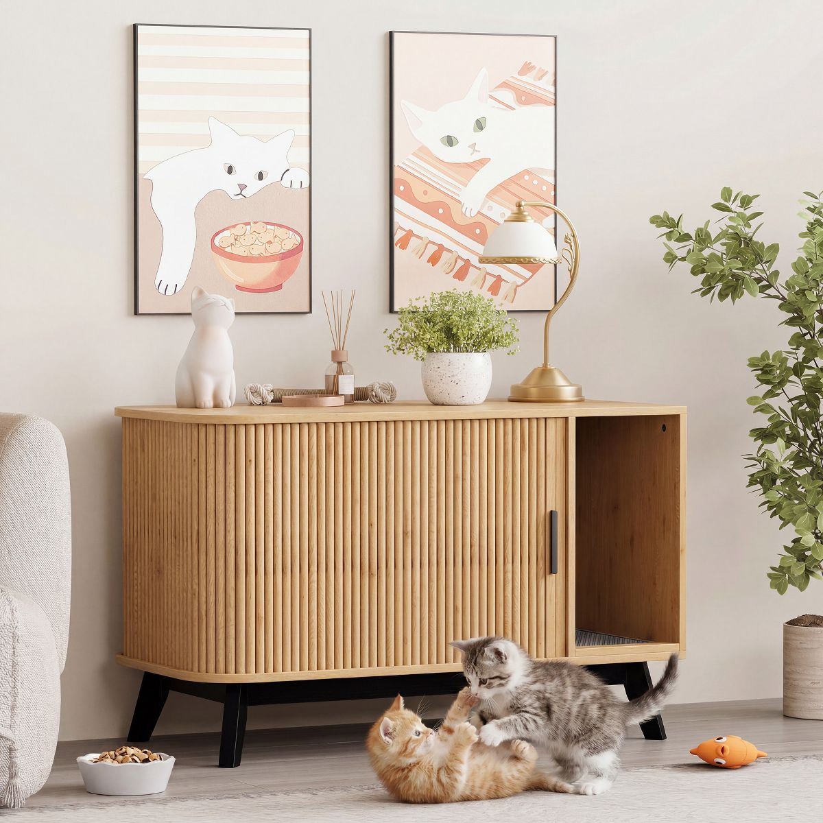 39" Cat Litter Box Enclosure, Hidden Litter Box Furniture with Sliding Door and Cat Mat, Modern Indoor Cat House Side End Table for Living Room