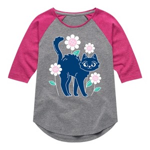 Girls' - Instant Message - Cat And Flowers Shirt Tail Raglan Graphic T-shirt - 1 of 4