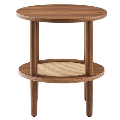 Walnut Round Wood Side Table with Rattan Shelf