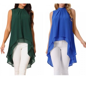 INSPIRE CHIC Women's Casual Tie Back Asymmetrical High Low Sleeveless Mock Neck Flowy Blouse 2 Packs - 1 of 4