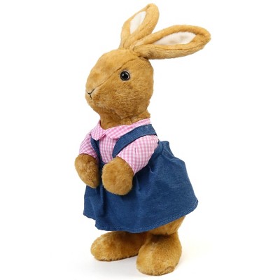 12" Brown Bunny Plush Toys with Denim Outfits, 2 Pack