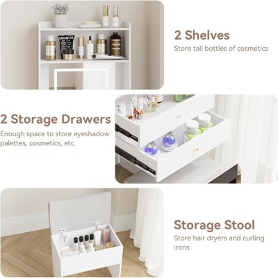 White Compact Vanity Desk Set with Adjustable Mirror and Storage Bench