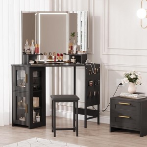 Modern Corner Vanity Desk & Stool Set –With LED Lighted Mirror, Built-In Charging Station & Cabinet for Bedroom - 1 of 4