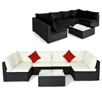 Tangkula 7PCS Rattan Patio Conversation Sectional Furniture Set w/ 2 Set Cushion Covers